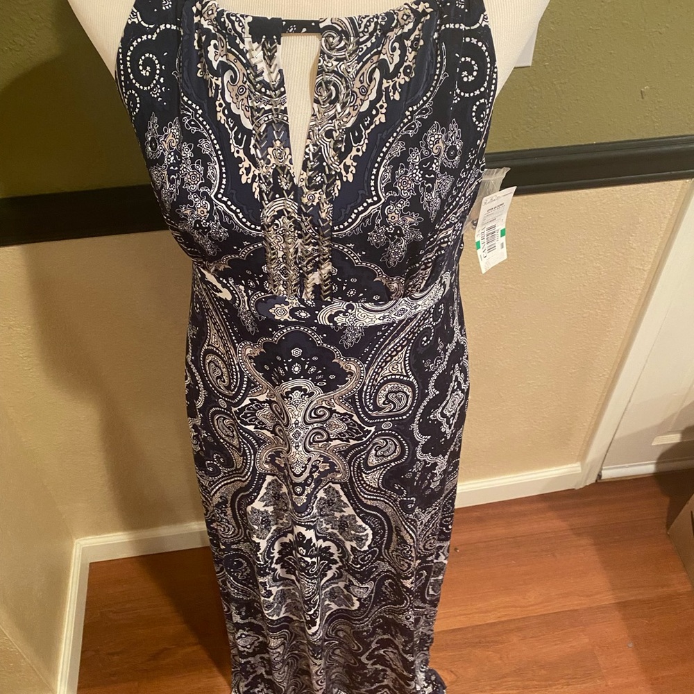 Beautiful blue paisley maxi dress with jeweled bling on the top.
